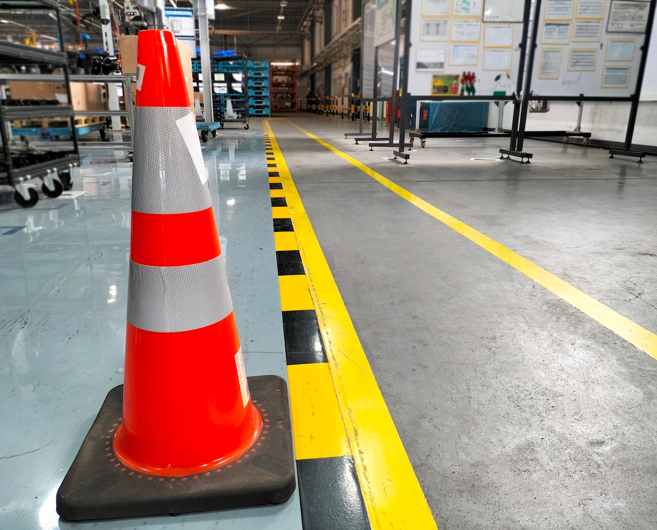 Red cones stand beside the walkway sign and are painted yellow on the factory floor. industrial safety sign